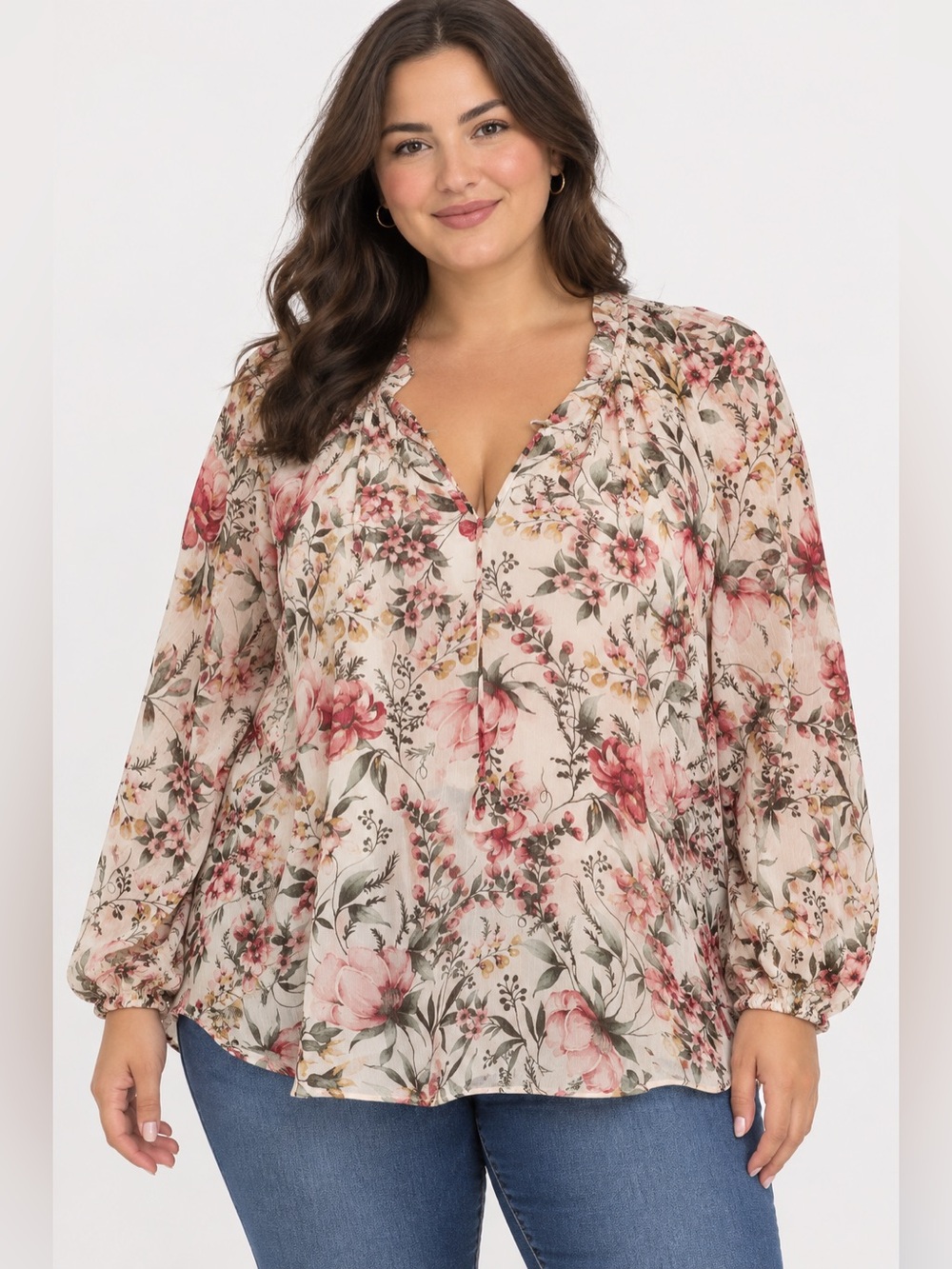 Autres filles Women’s Floral V-Neck Blouse - Cream with Pink Bloom size 2x